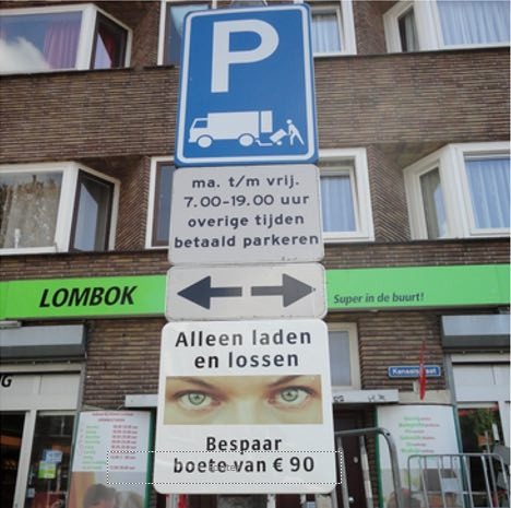 Een voorbeeld van nudging door de overheid: een verkeersbord dat waarschuwt tegen verkeerd parkeren.